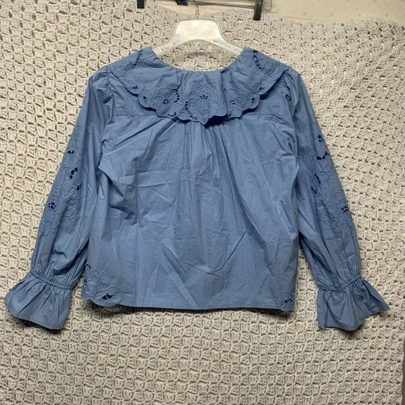 Free People Maisie Eyelet Blouson Top Women Sz M Blue Sleeve 100%Cotton - Picture 4 of 14